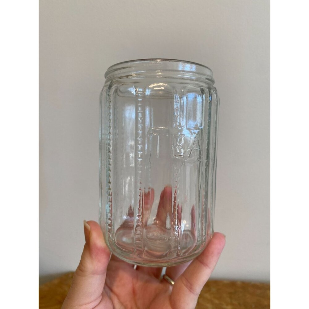 Vintage Hoosier Cabinet Glass TEA Embossed Jar Raised Ribbed Design No Lid 5.25"